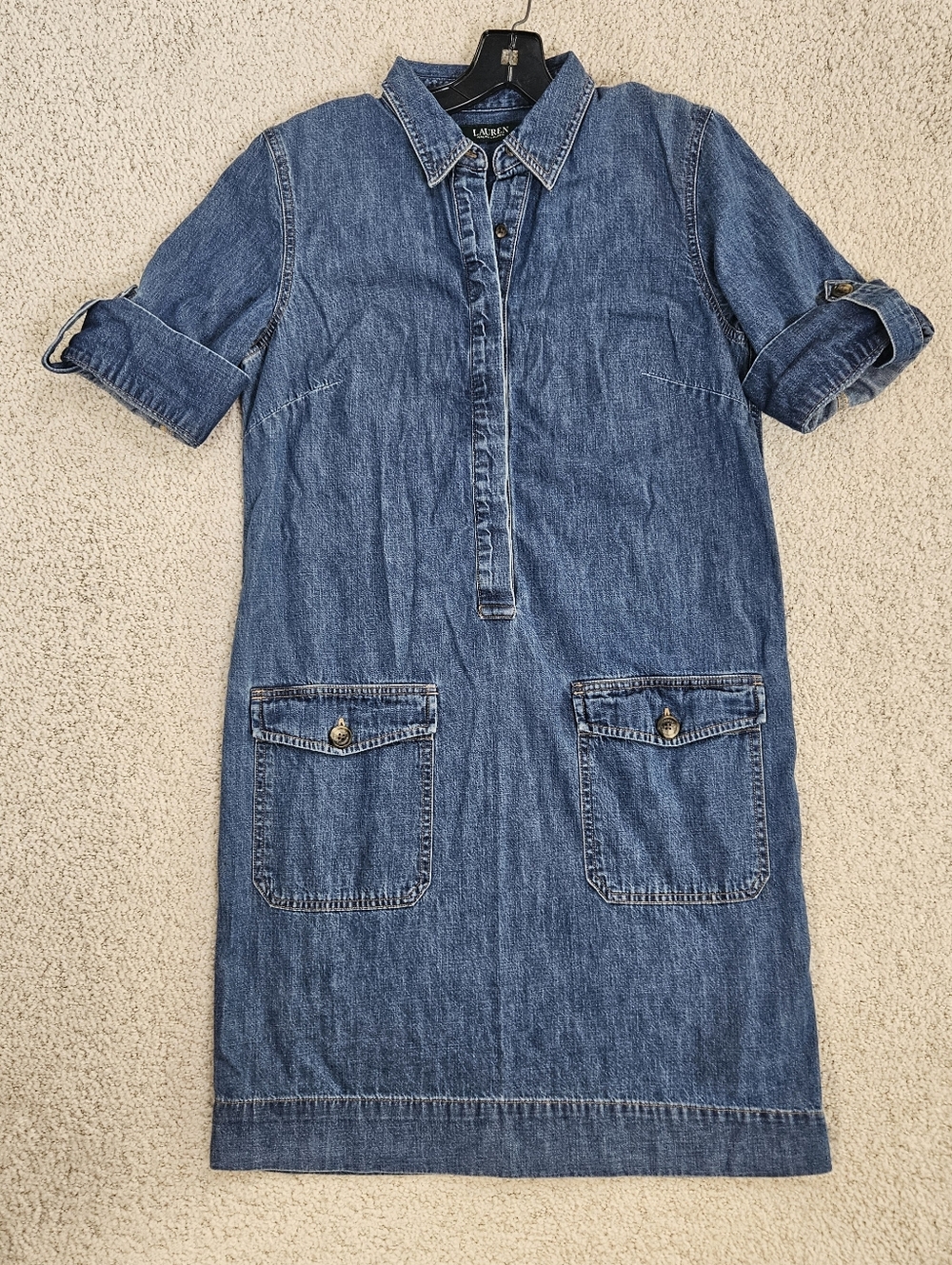 Lauren Ralph Lauren Denim Shirt Dress Womens Half Button Chambray Pockets Preppy